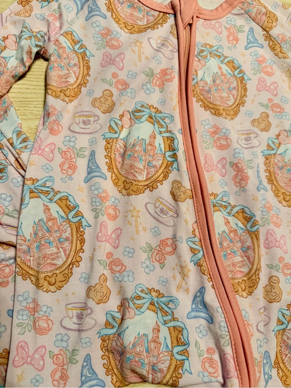 Blush Lotus Pink Disney Castle Bamboo Zippy with Coral Trim Size 18-24 months
